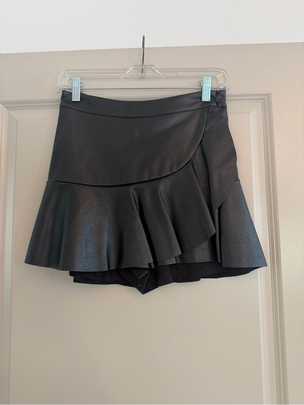 Black Faux Leather Ruffle Hem Skort